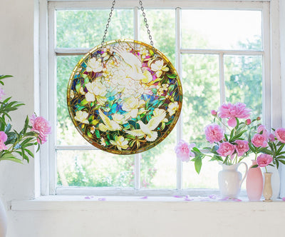 White Birds Faux Stained Glass Suncatcher Window Hanging Home Decor Sun Catcher Gift Idea Decor