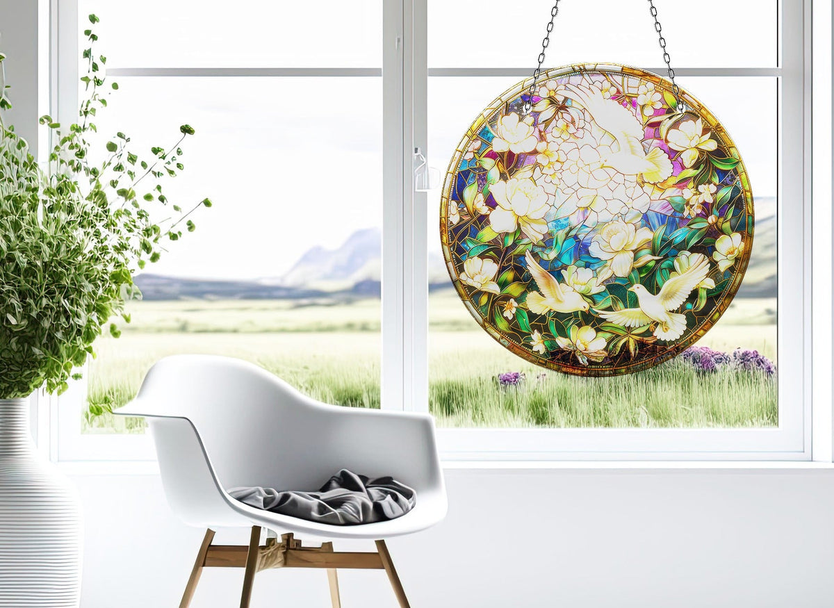 White Birds Faux Stained Glass Suncatcher Window Hanging Home Decor Sun Catcher Gift Idea Decor