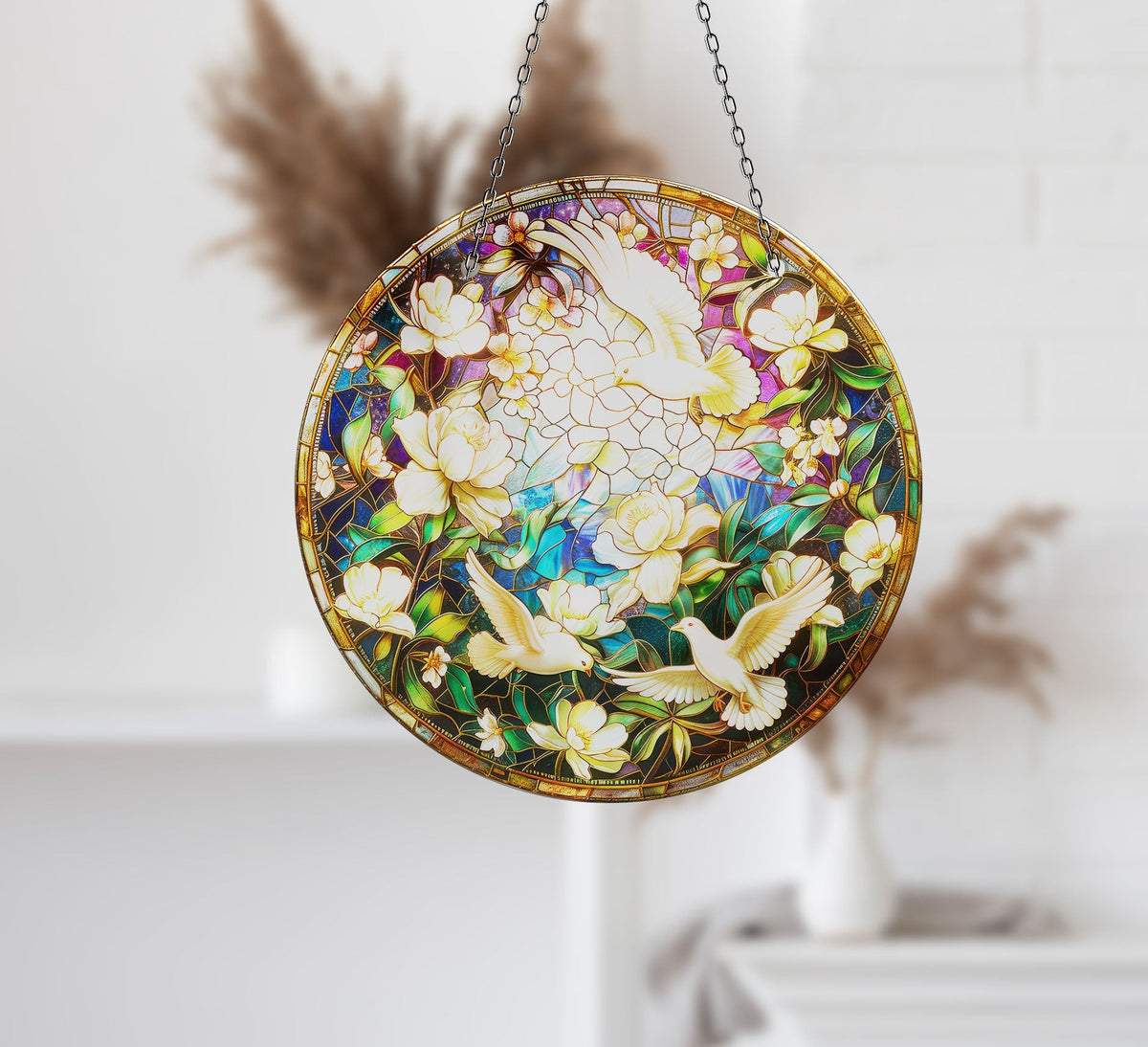 White Birds Faux Stained Glass Suncatcher Window Hanging Home Decor Sun Catcher Gift Idea Decor