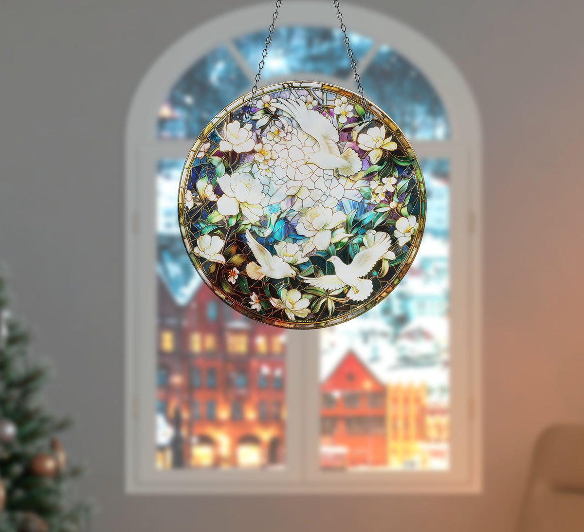 White Birds Faux Stained Glass Suncatcher Window Hanging Home Decor Sun Catcher Gift Idea Decor
