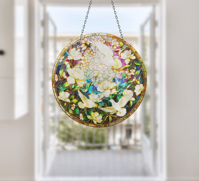 White Birds Faux Stained Glass Suncatcher Window Hanging Home Decor Sun Catcher Gift Idea Decor