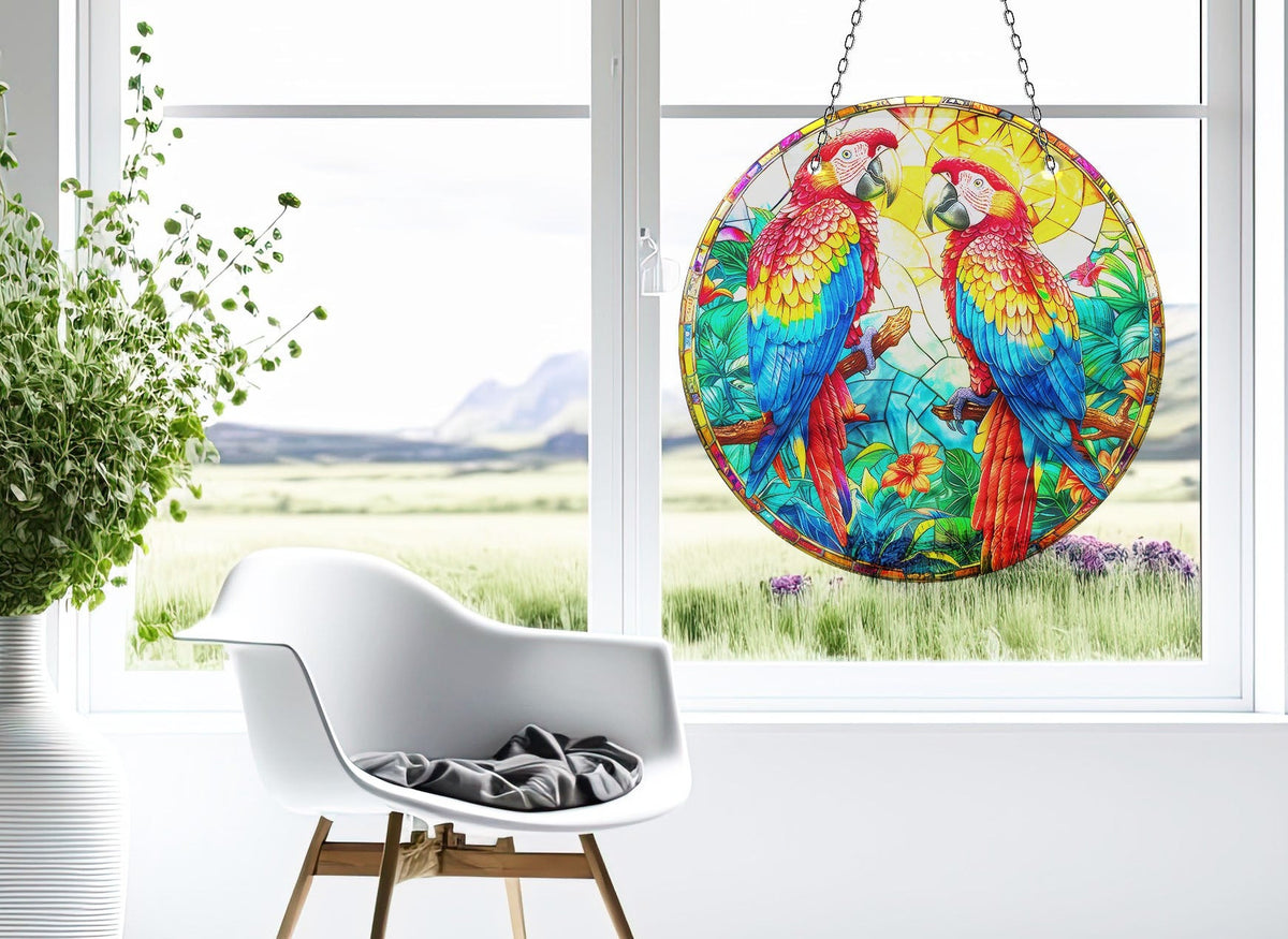 Parrots Faux Stained Glass Suncatcher Window Hanging Home Decor Sun Catcher Gift Idea Decor