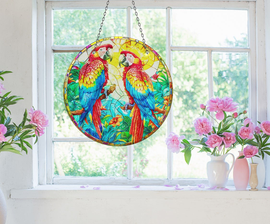Parrots Faux Stained Glass Suncatcher Window Hanging Home Decor Sun Catcher Gift Idea Decor