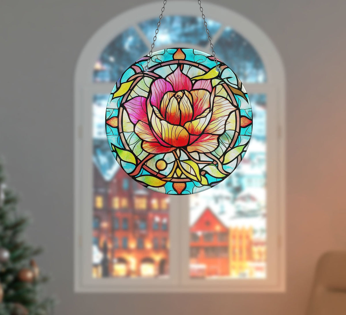 Colorful Rose Stained  Faux Stained Glass Suncatcher Window Hanging Home Decor Sun Catcher Gift Idea