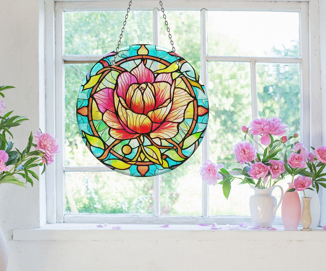 Colorful Rose Stained  Faux Stained Glass Suncatcher Window Hanging Home Decor Sun Catcher Gift Idea