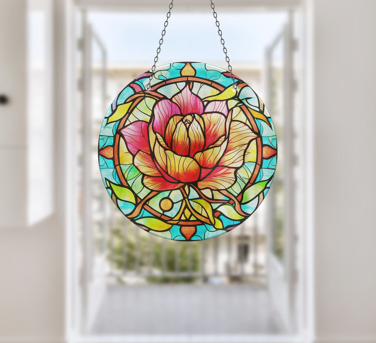 Colorful Rose Stained  Faux Stained Glass Suncatcher Window Hanging Home Decor Sun Catcher Gift Idea