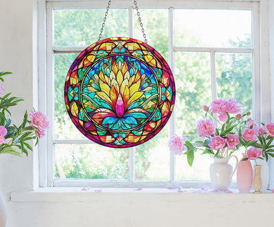 Yellow Botanical Faux Stained Glass Suncatcher Window Hanging Home Decor Sun Catcher Gift Idea