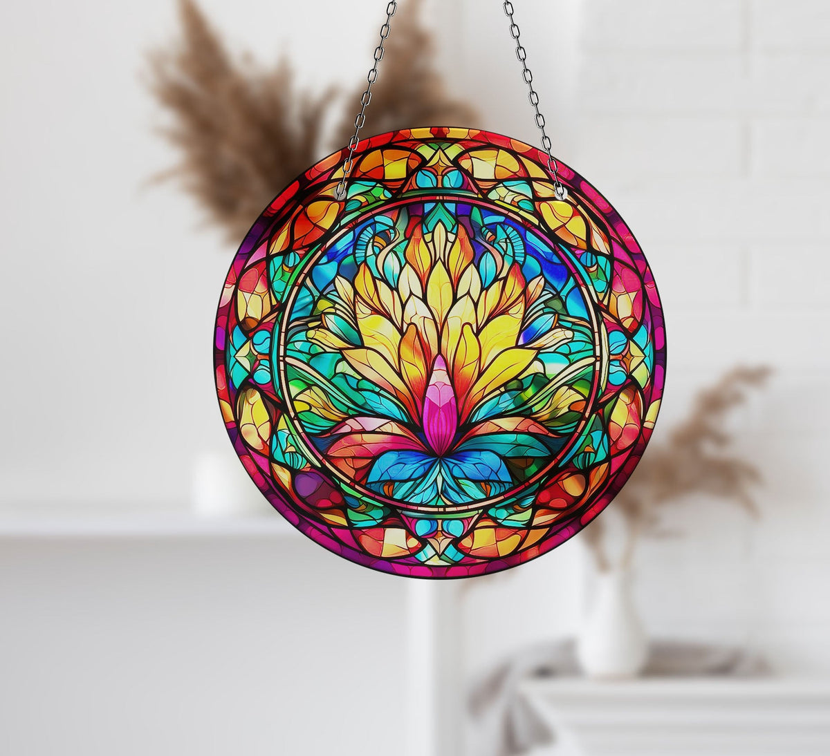 Yellow Botanical Faux Stained Glass Suncatcher Window Hanging Home Decor Sun Catcher Gift Idea