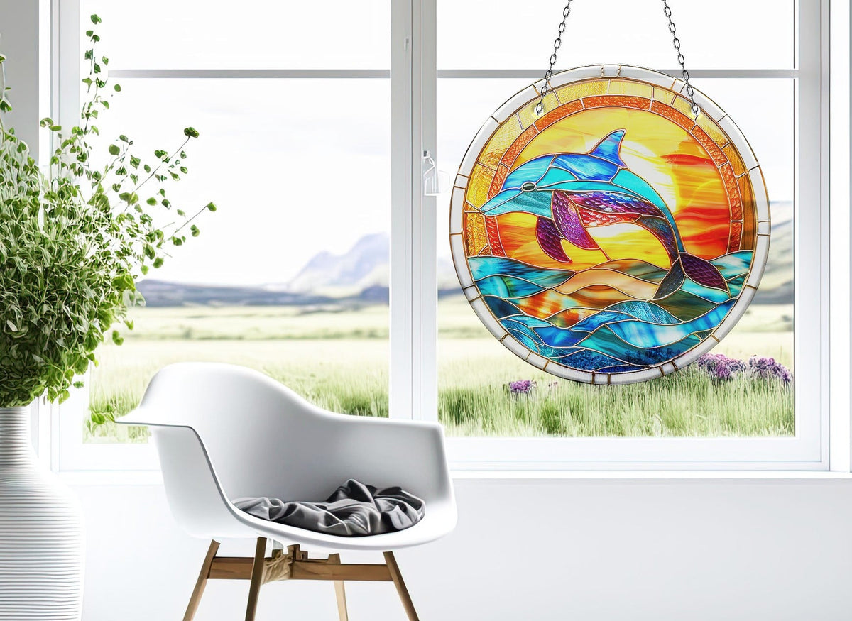 Colorful Dolphin Faux Stained Glass Suncatcher Window Hanging Home Decor Sun Catcher Gift Idea Decor