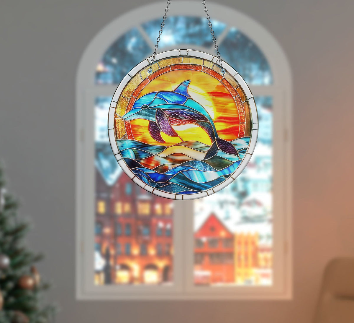 Colorful Dolphin Faux Stained Glass Suncatcher Window Hanging Home Decor Sun Catcher Gift Idea Decor