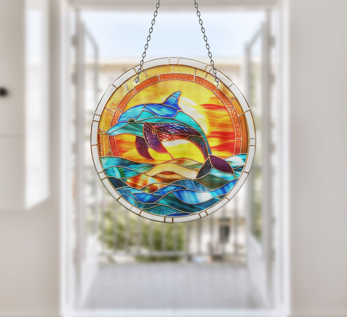 Colorful Dolphin Faux Stained Glass Suncatcher Window Hanging Home Decor Sun Catcher Gift Idea Decor