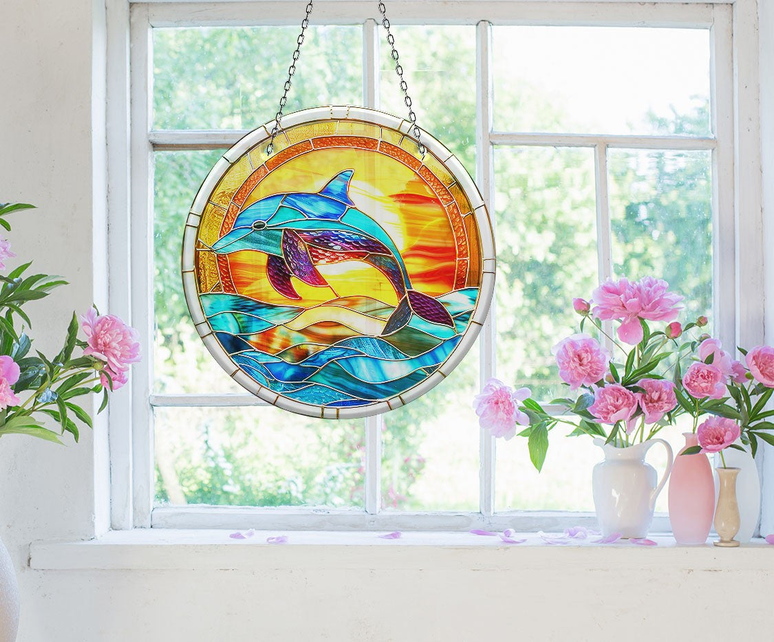 Colorful Dolphin Faux Stained Glass Suncatcher Window Hanging Home Decor Sun Catcher Gift Idea Decor