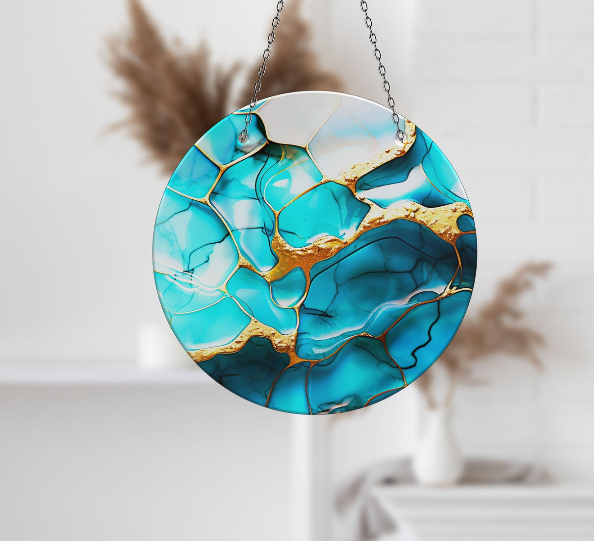 Blue Abstract Marble Faux Stained Glass Suncatcher Window Hanging Home Decor Sun Catcher Gift Idea Decor