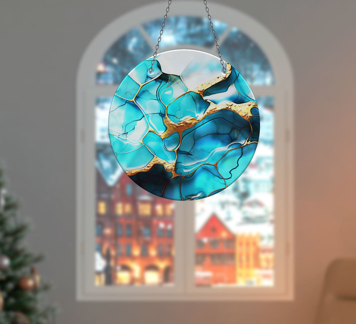 Blue Abstract Marble Faux Stained Glass Suncatcher Window Hanging Home Decor Sun Catcher Gift Idea Decor