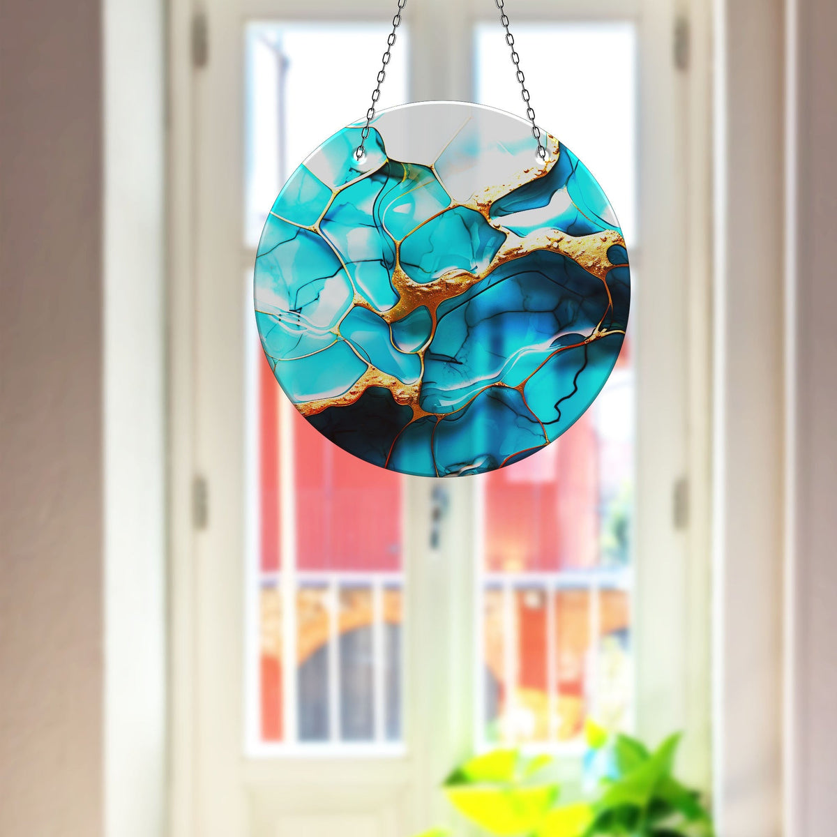 Blue Abstract Marble Faux Stained Glass Suncatcher Window Hanging Home Decor Sun Catcher Gift Idea Decor