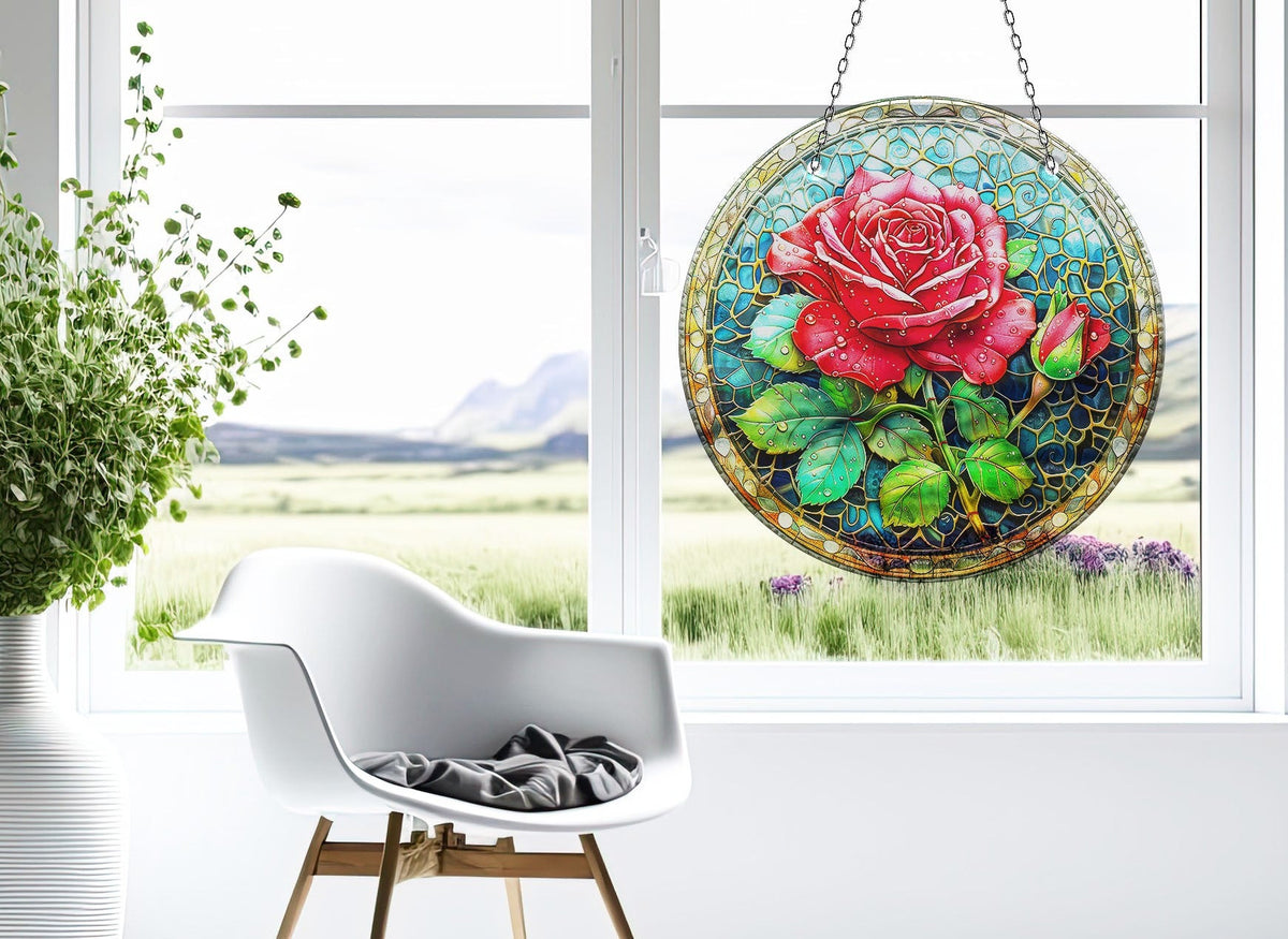 Pink Rose Stained Faux Stained Glass Suncatcher Window Hanging Home Decor Sun Catcher Gift Idea