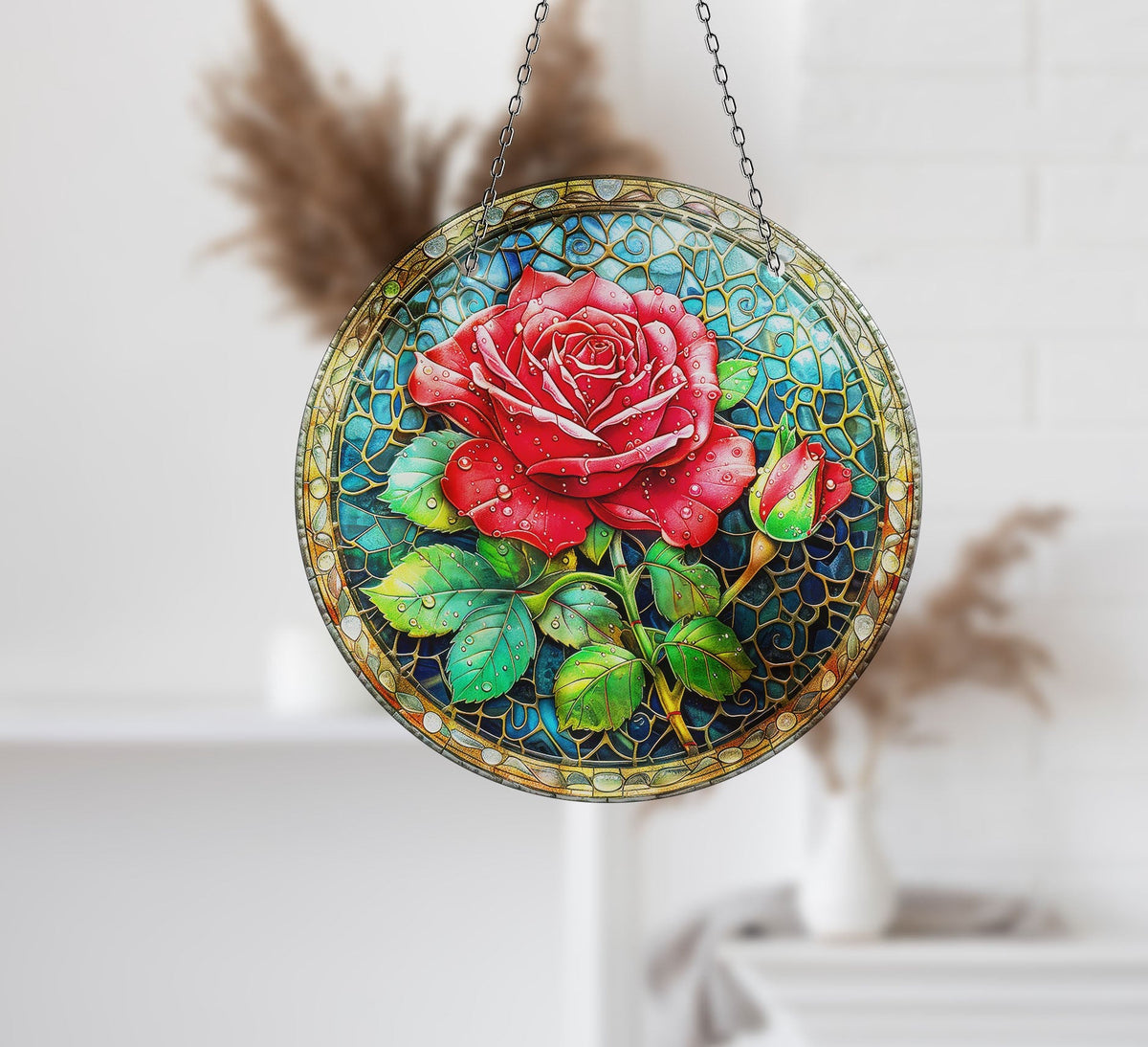Pink Rose Stained Faux Stained Glass Suncatcher Window Hanging Home Decor Sun Catcher Gift Idea