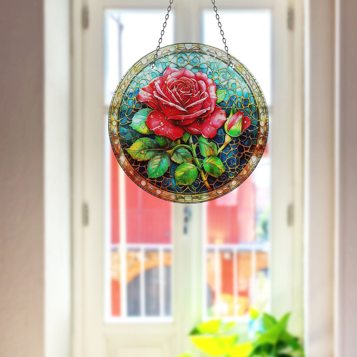Pink Rose Stained Faux Stained Glass Suncatcher Window Hanging Home Decor Sun Catcher Gift Idea