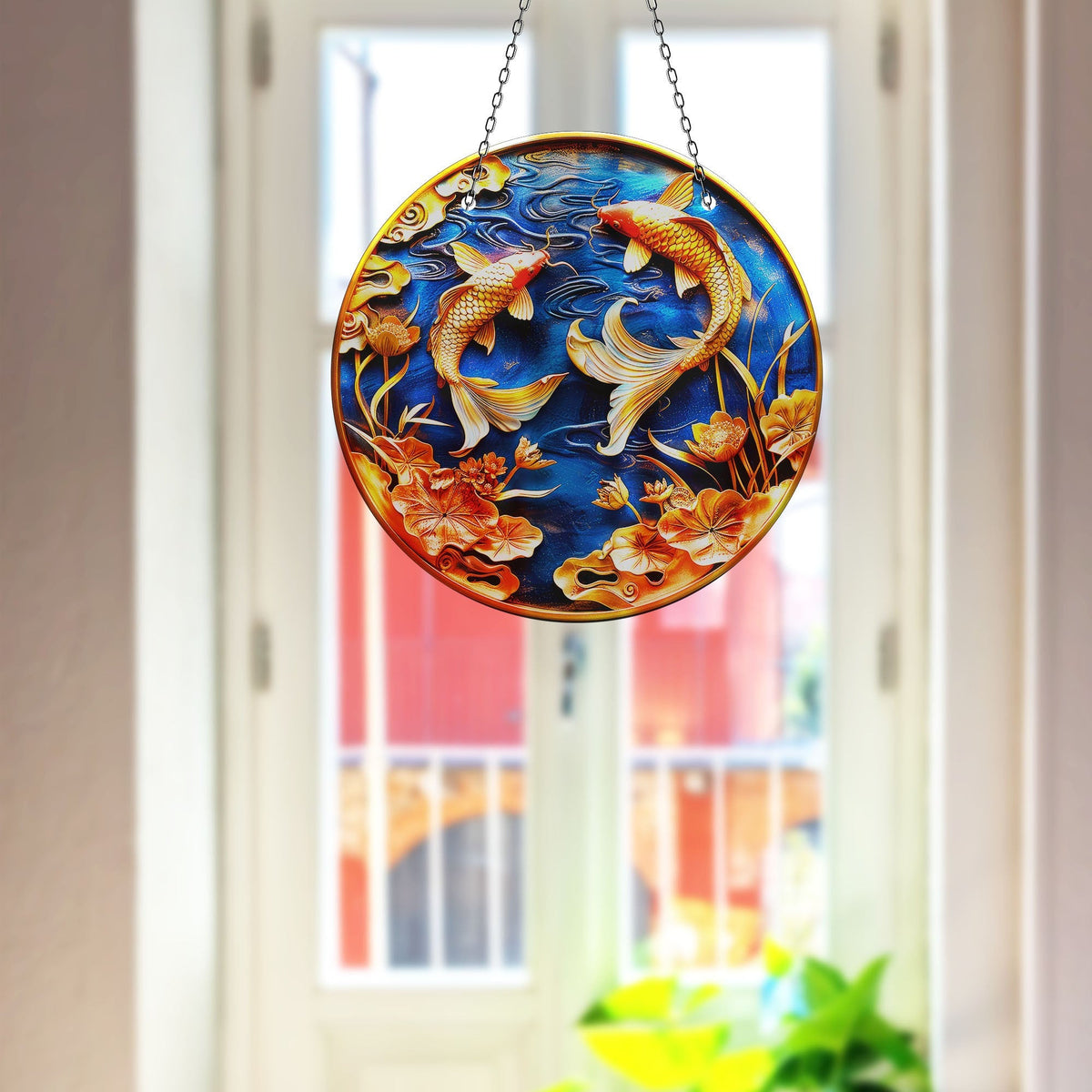 Koi Fish Blue Faux Stained Glass Suncatcher Window Hanging Home Decor Sun Catcher Gift Idea Decor