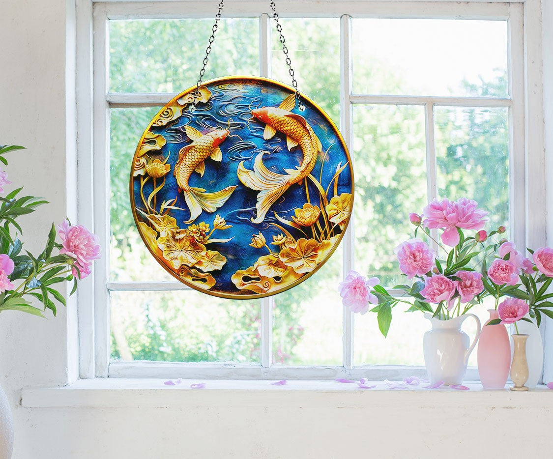 Koi Fish Blue Faux Stained Glass Suncatcher Window Hanging Home Decor Sun Catcher Gift Idea Decor