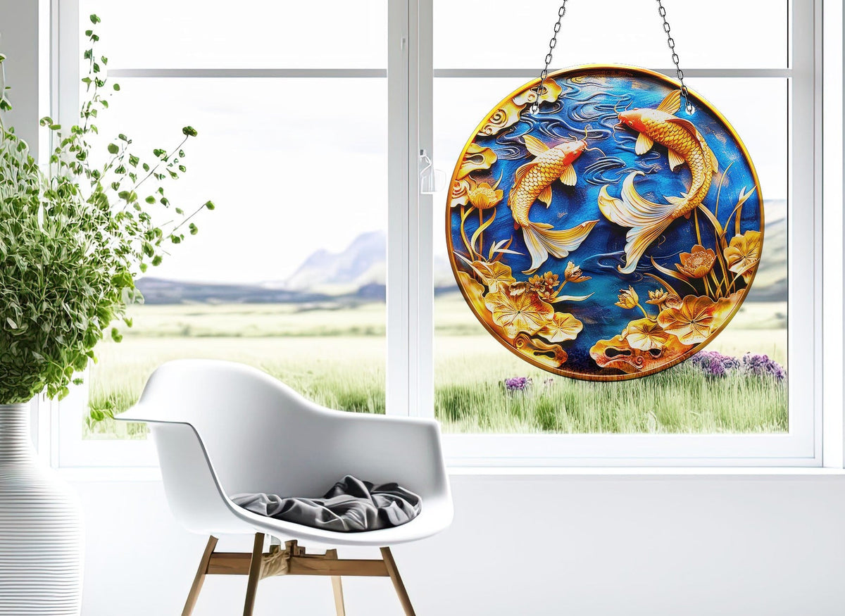 Koi Fish Blue Faux Stained Glass Suncatcher Window Hanging Home Decor Sun Catcher Gift Idea Decor