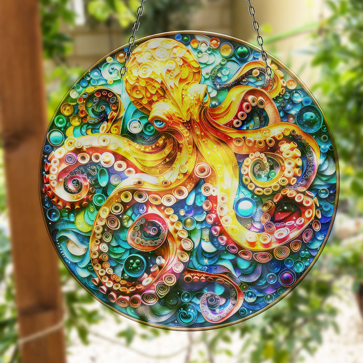 Orange Octopus Faux Stained Glass Suncatcher Window Hanging Home Decor Sun Catcher Gift Idea