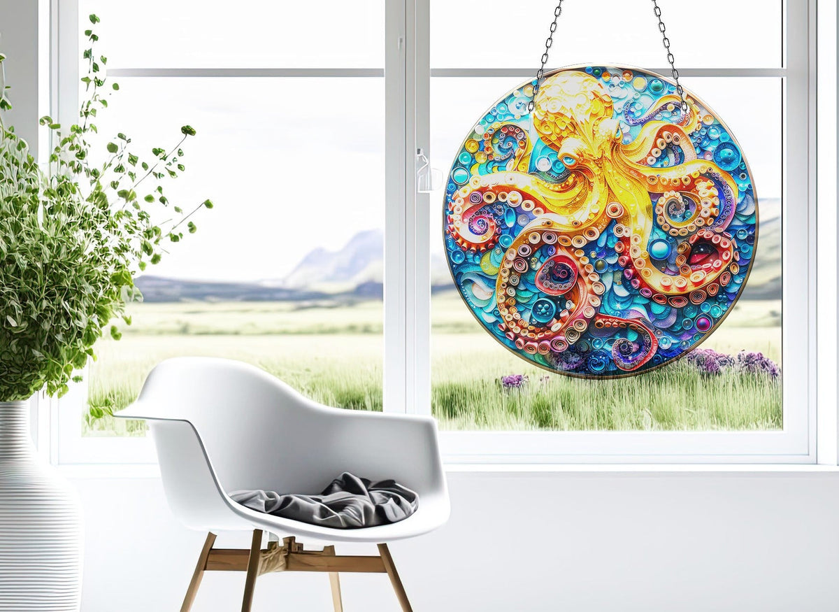 Orange Octopus Faux Stained Glass Suncatcher Window Hanging Home Decor Sun Catcher Gift Idea