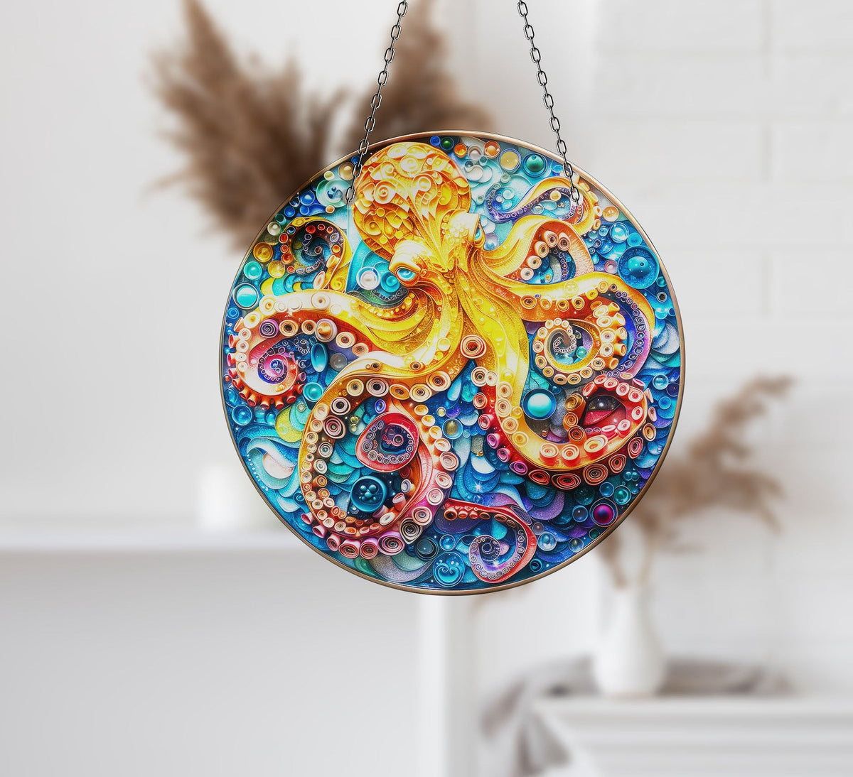 Orange Octopus Faux Stained Glass Suncatcher Window Hanging Home Decor Sun Catcher Gift Idea
