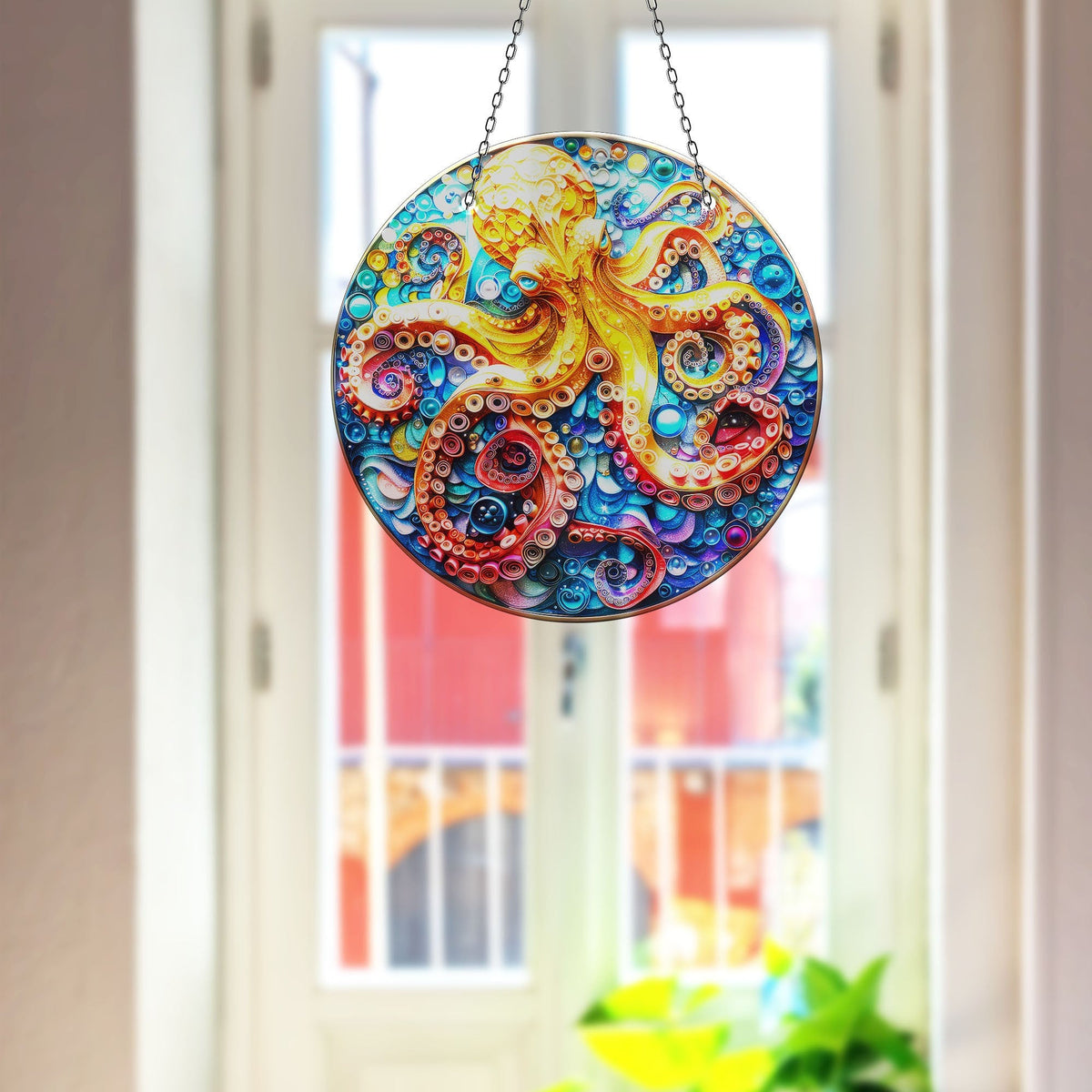 Orange Octopus Faux Stained Glass Suncatcher Window Hanging Home Decor Sun Catcher Gift Idea