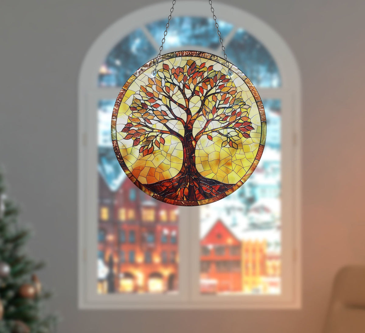 Orange Life of tree Faux Stained Glass Suncatcher Window Hanging Home Decor Sun Catcher Gift Idea