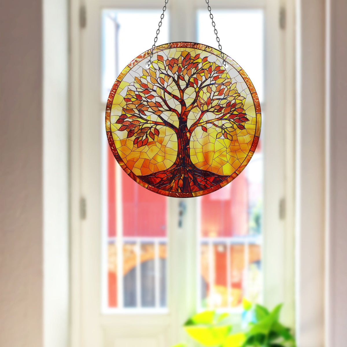 Orange Life of tree Faux Stained Glass Suncatcher Window Hanging Home Decor Sun Catcher Gift Idea
