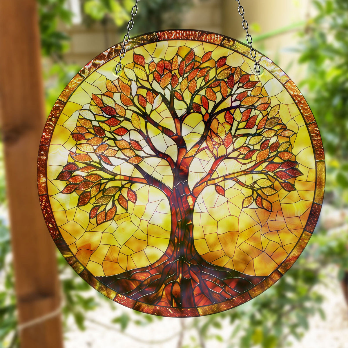 Orange Life of tree Faux Stained Glass Suncatcher Window Hanging Home Decor Sun Catcher Gift Idea