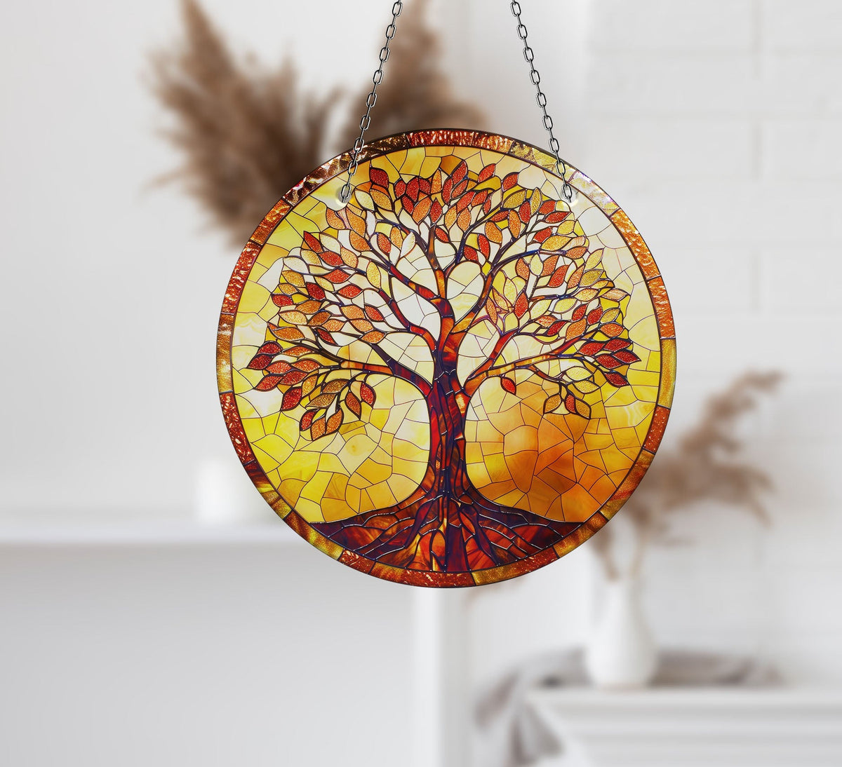 Orange Life of tree Faux Stained Glass Suncatcher Window Hanging Home Decor Sun Catcher Gift Idea