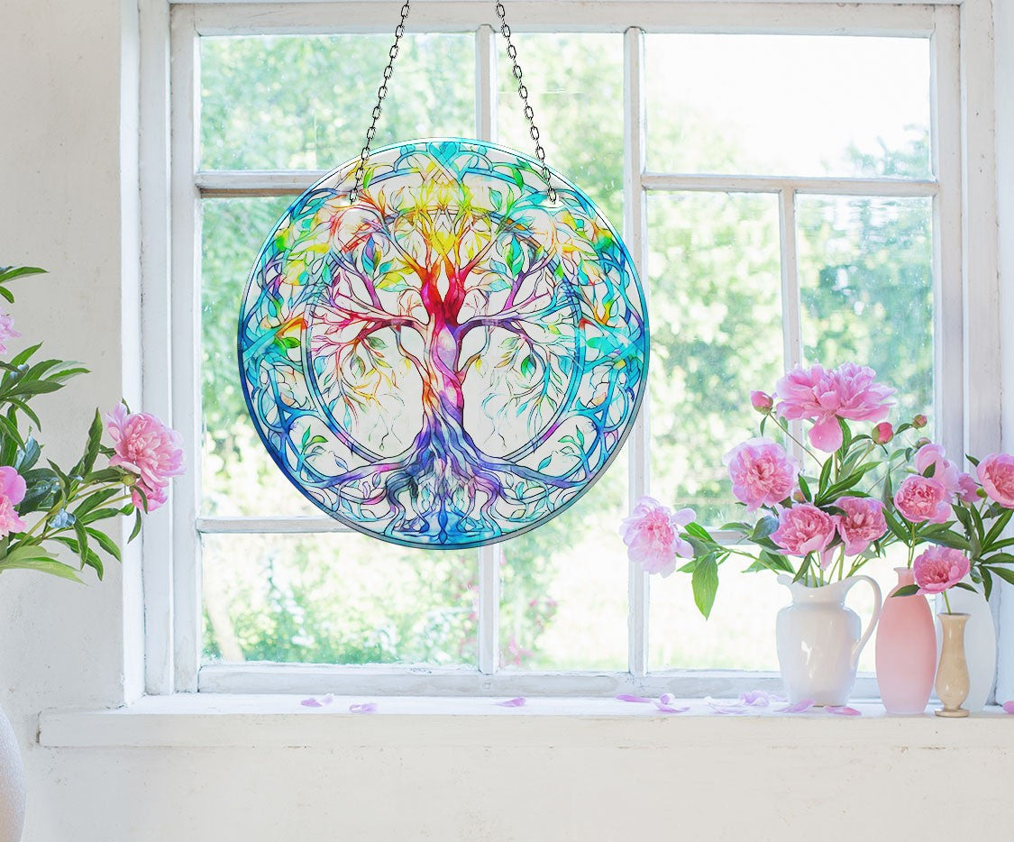 Turquoise Life of tree Faux Stained Glass Suncatcher Window Hanging Home Decor Sun Catcher Gift Idea