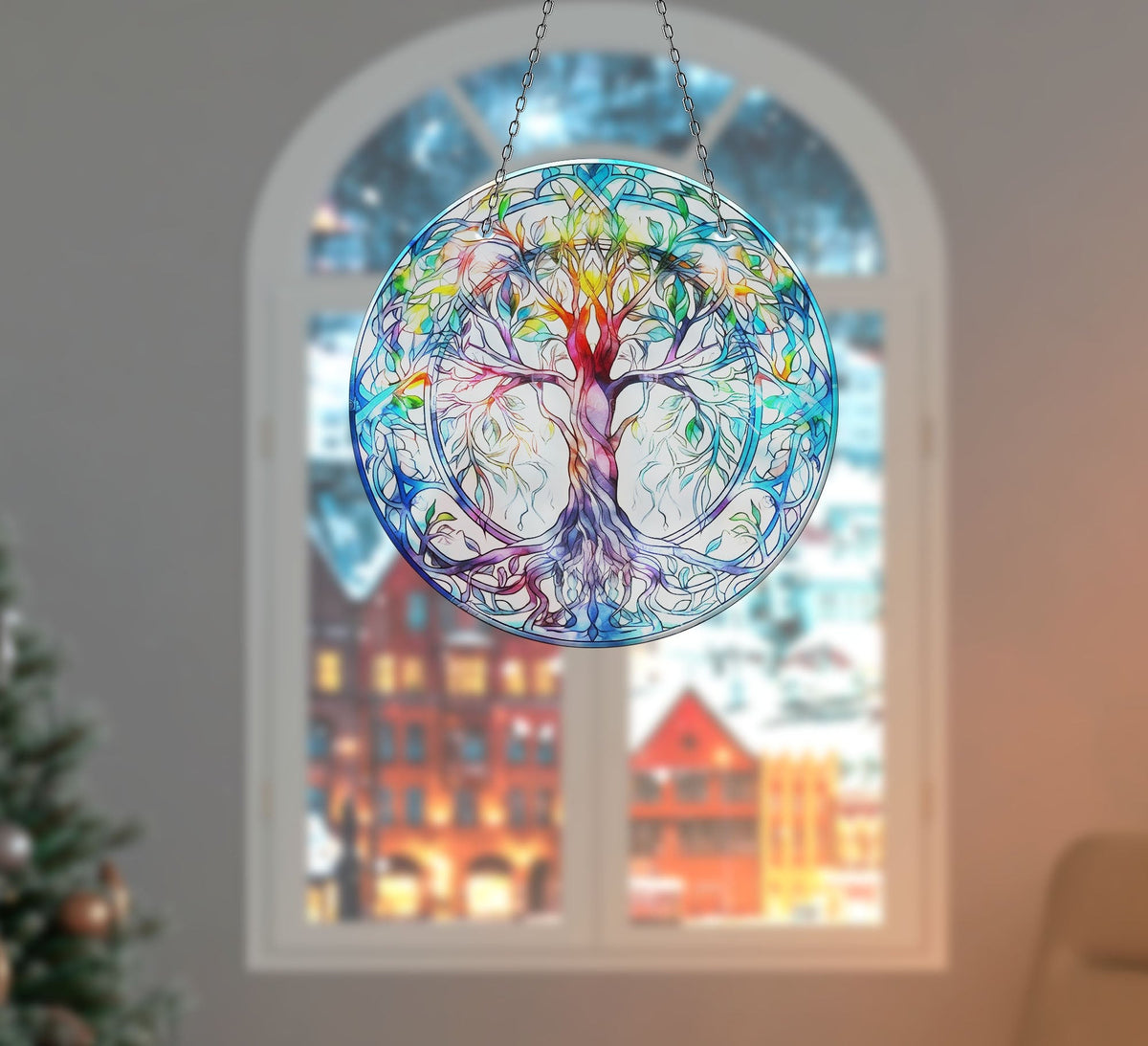 Turquoise Life of tree Faux Stained Glass Suncatcher Window Hanging Home Decor Sun Catcher Gift Idea
