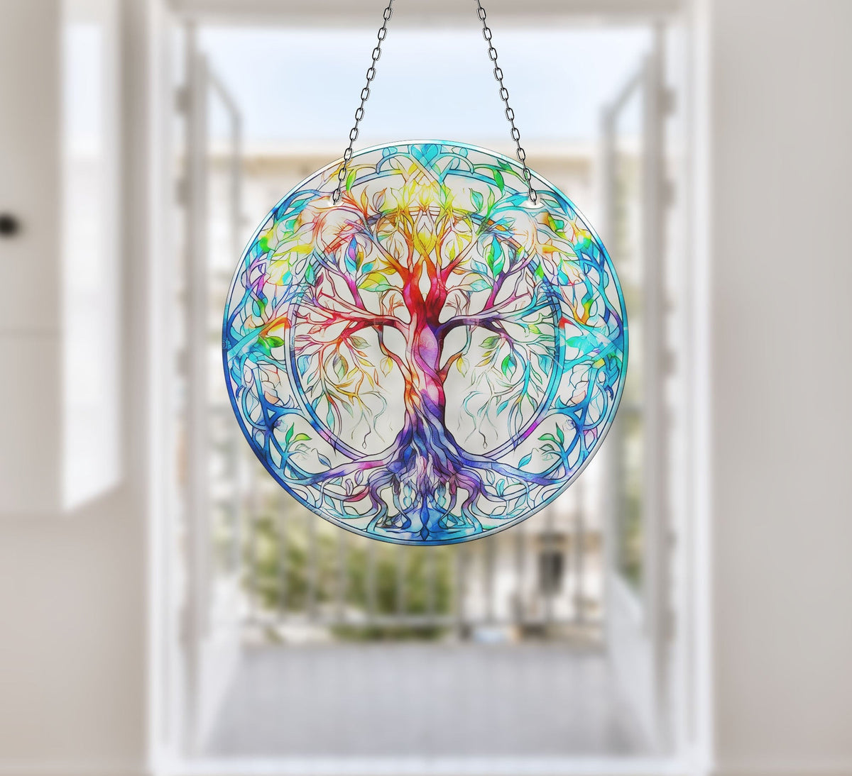 Turquoise Life of tree Faux Stained Glass Suncatcher Window Hanging Home Decor Sun Catcher Gift Idea