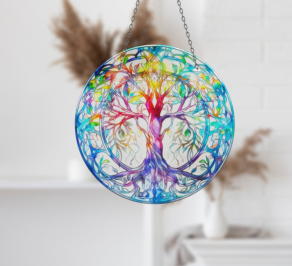 Turquoise Life of tree Faux Stained Glass Suncatcher Window Hanging Home Decor Sun Catcher Gift Idea