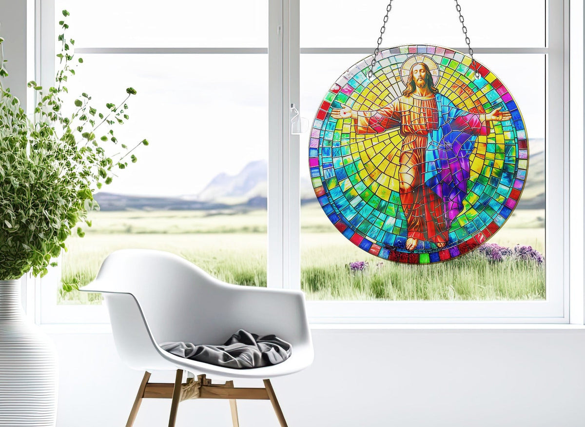 Neon Christ Faux Stained Glass Suncatcher Window Hanging Home Decor Sun Catcher Gift Idea Decor
