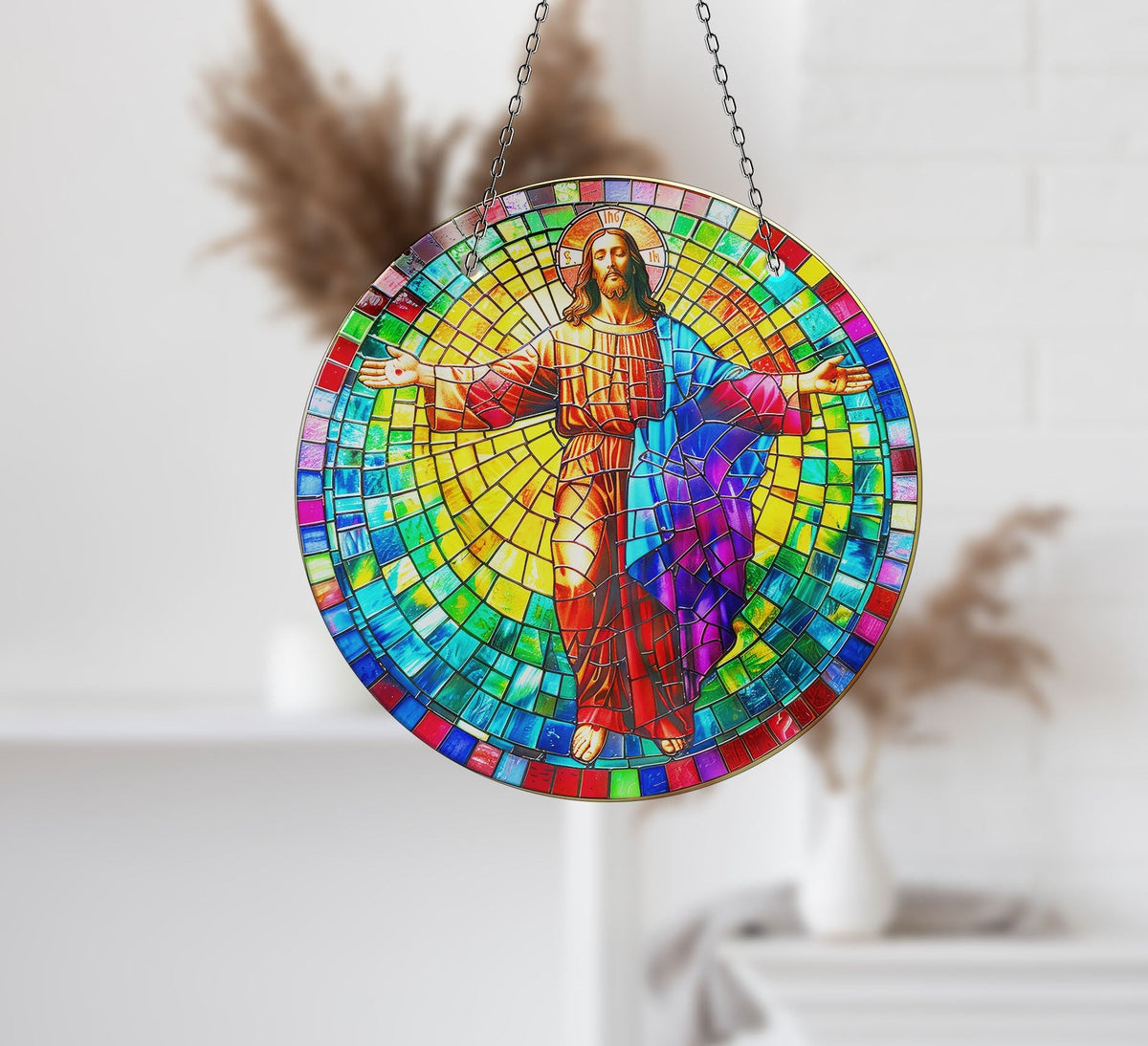 Neon Christ Faux Stained Glass Suncatcher Window Hanging Home Decor Sun Catcher Gift Idea Decor