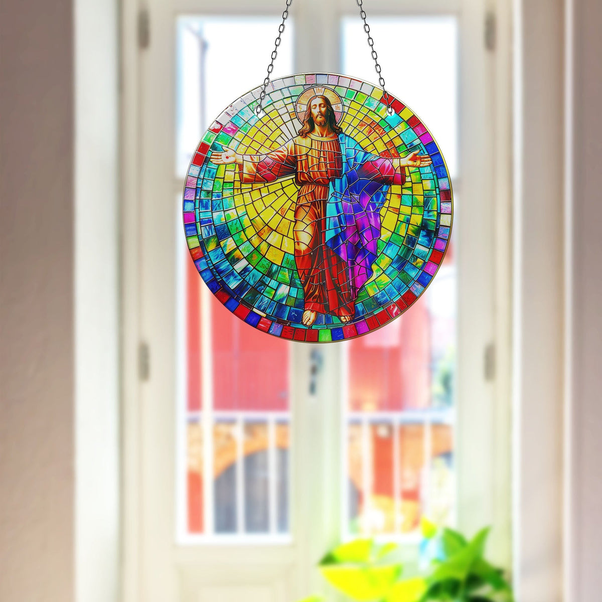 Neon Christ Faux Stained Glass Suncatcher Window Hanging Home Decor Sun Catcher Gift Idea Decor
