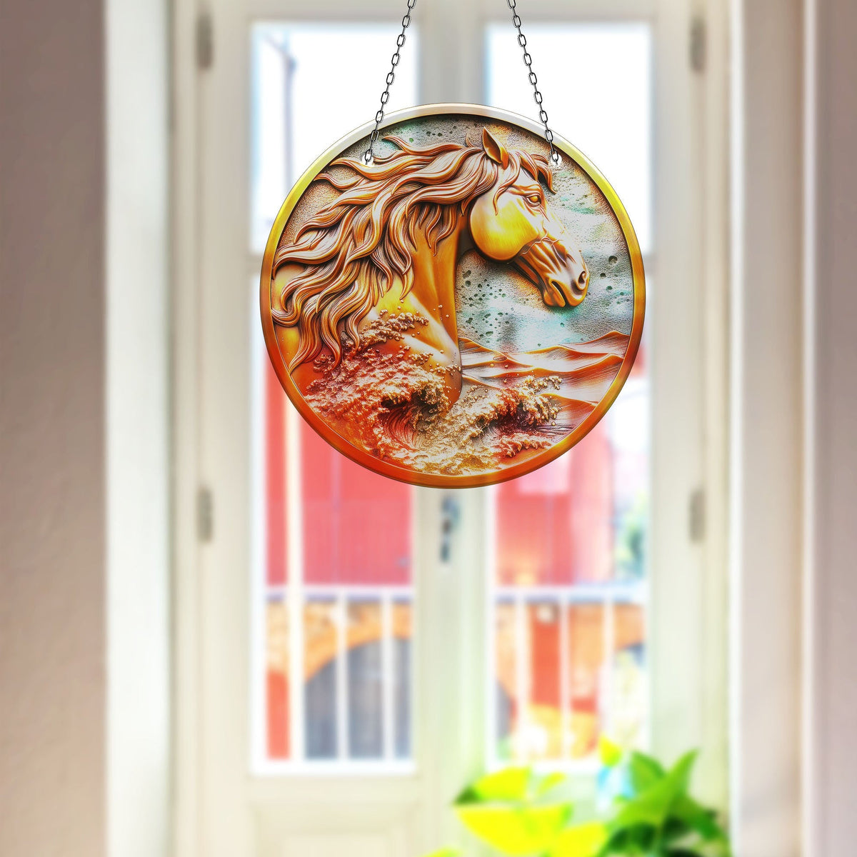 Golden Horse Faux Stained Glass Suncatcher Window Hanging Home Decor Sun Catcher Gift Idea