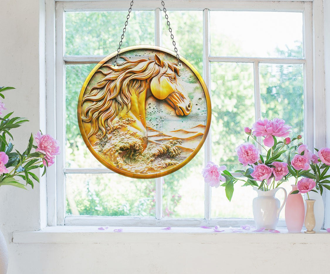 Golden Horse Faux Stained Glass Suncatcher Window Hanging Home Decor Sun Catcher Gift Idea
