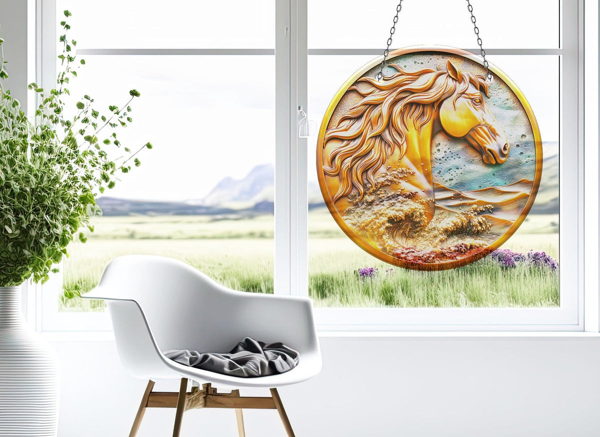 Golden Horse Faux Stained Glass Suncatcher Window Hanging Home Decor Sun Catcher Gift Idea