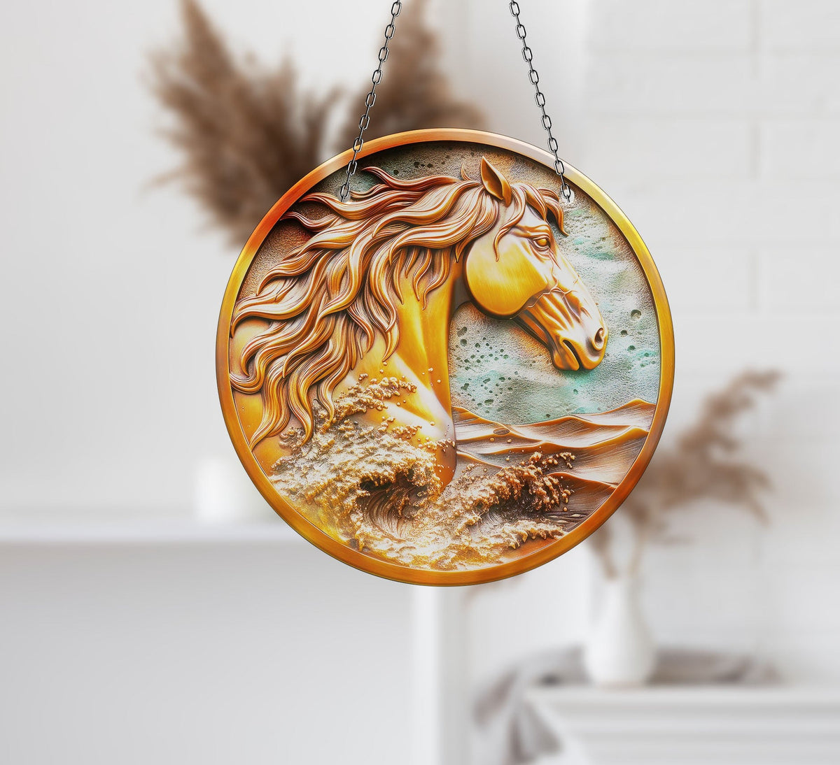 Golden Horse Faux Stained Glass Suncatcher Window Hanging Home Decor Sun Catcher Gift Idea
