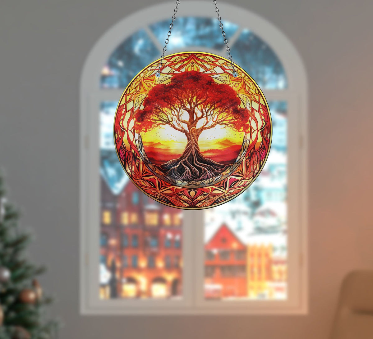 Red Life of tree Faux Stained Glass Suncatcher Window Hanging Home Decor Sun Catcher Gift Idea