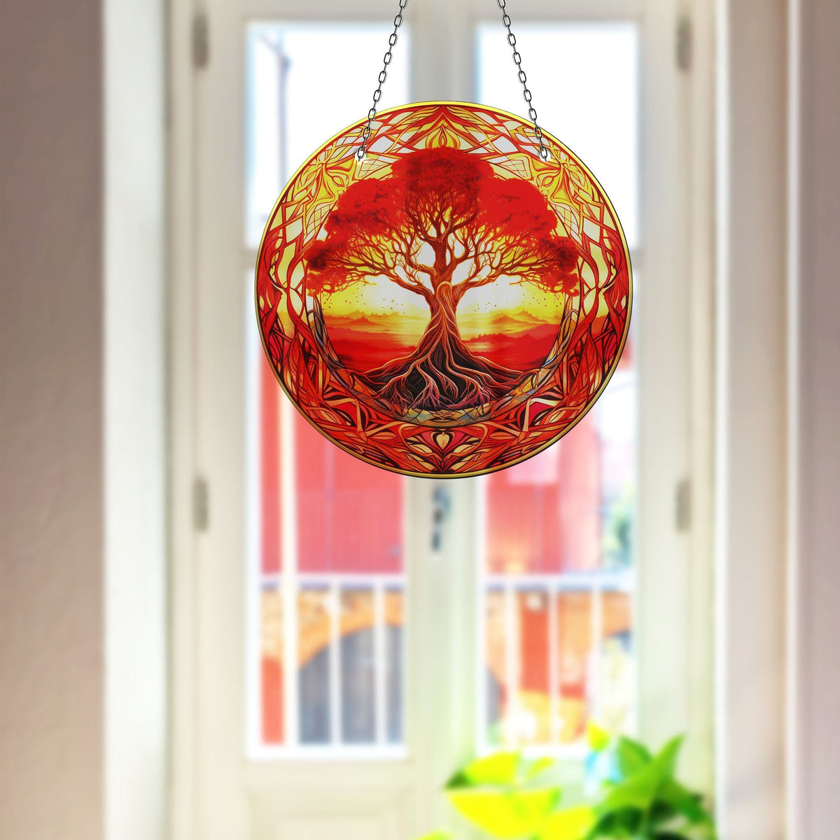 Red Life of tree Faux Stained Glass Suncatcher Window Hanging Home Decor Sun Catcher Gift Idea