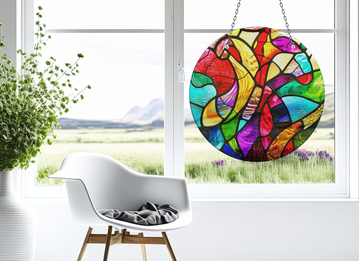 Yellow and Red Stained Faux Stained Glass Suncatcher Window Hanging Home Decor Sun Catcher Gift Idea