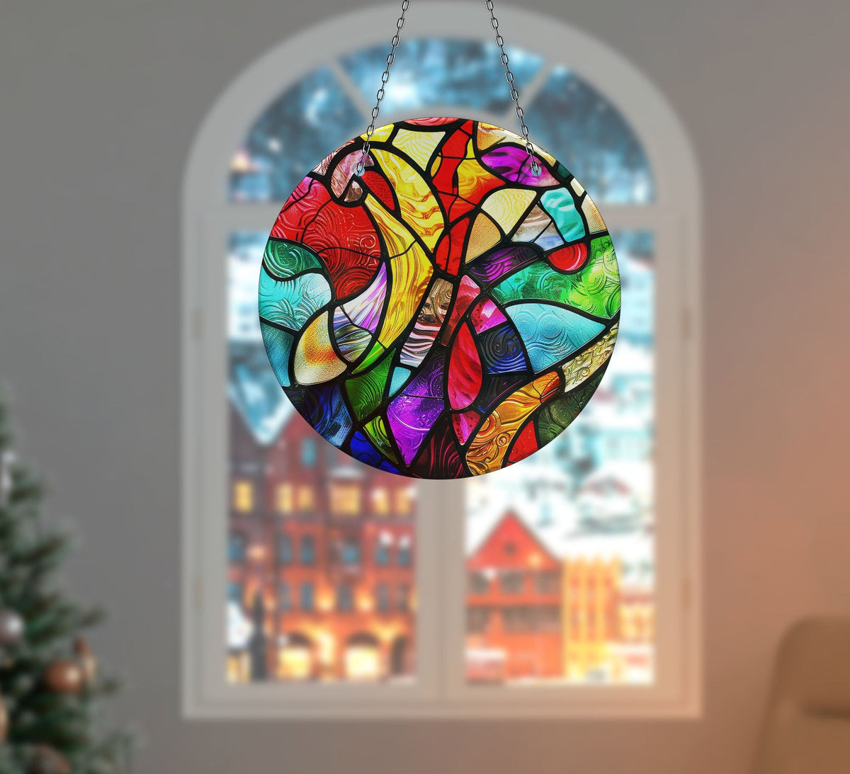 Yellow and Red Stained Faux Stained Glass Suncatcher Window Hanging Home Decor Sun Catcher Gift Idea