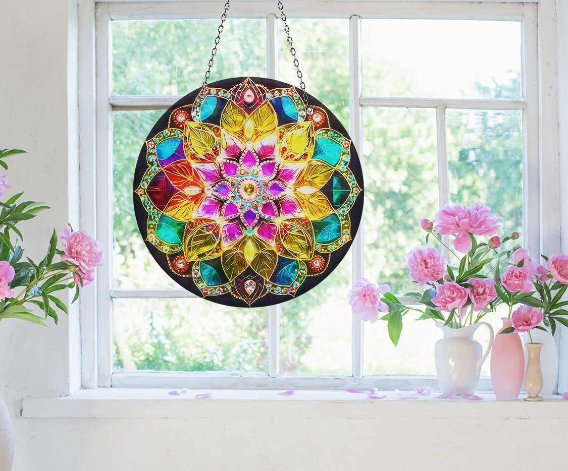 Mandala Pattern Stained Faux Stained Glass Suncatcher Window Hanging Home Decor Sun Catcher Gift Idea Decor