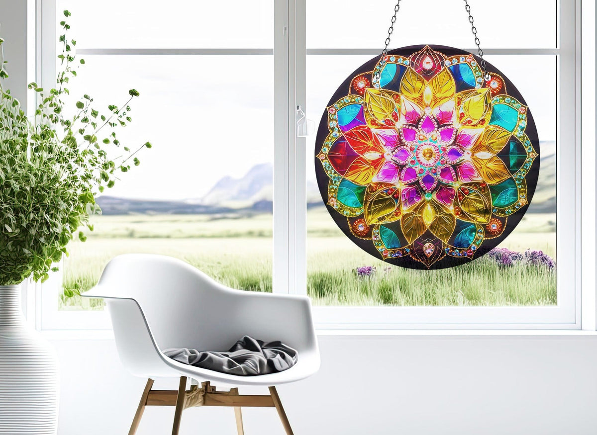Mandala Pattern Stained Faux Stained Glass Suncatcher Window Hanging Home Decor Sun Catcher Gift Idea Decor
